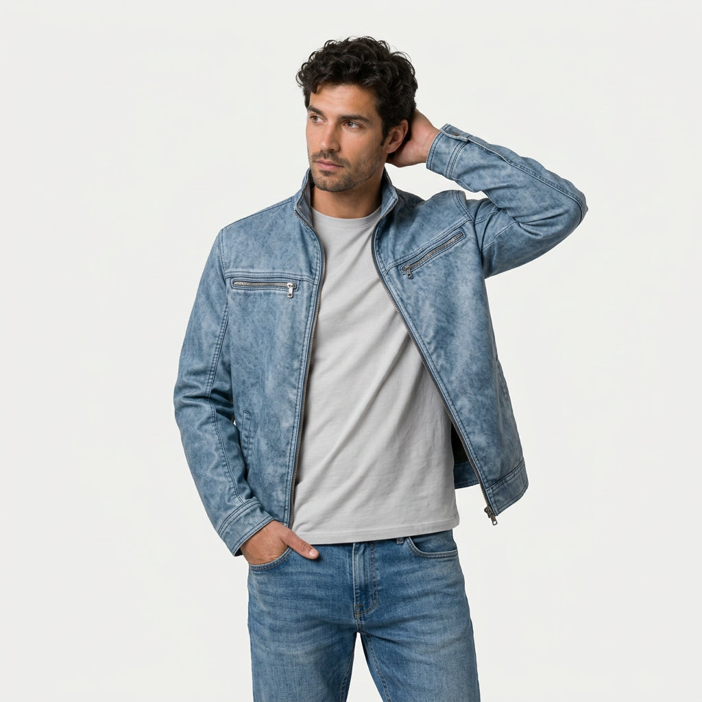Men's Cotton Jacket – Stand Collar, Full-Zip, Patch Pockets, Utility Style