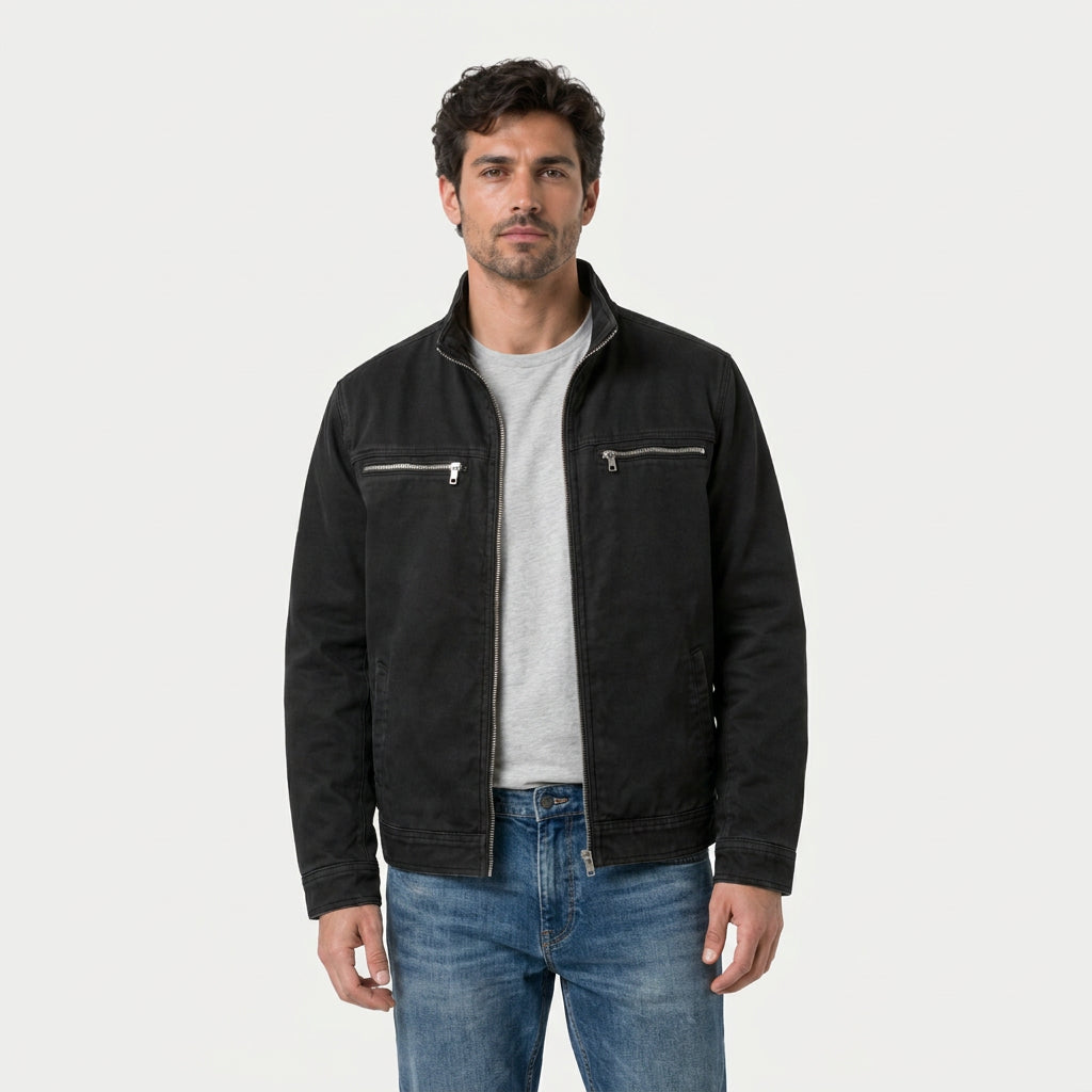 Men's Cotton Jacket – Stand Collar, Full-Zip, Patch Pockets, Utility Style