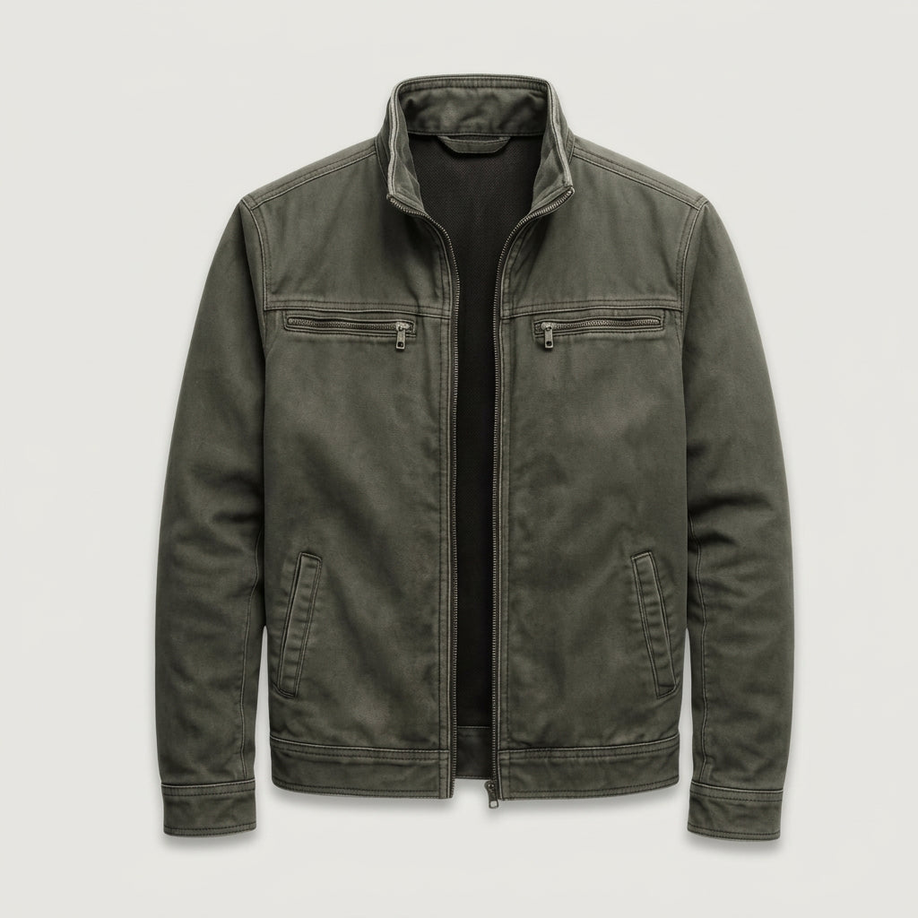 Men's Cotton Jacket – Stand Collar, Full-Zip, Patch Pockets, Utility Style