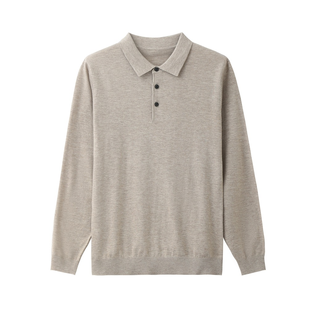 Polo homme 100% laine mérinos à manches longues et col boutonné coupe décontractée