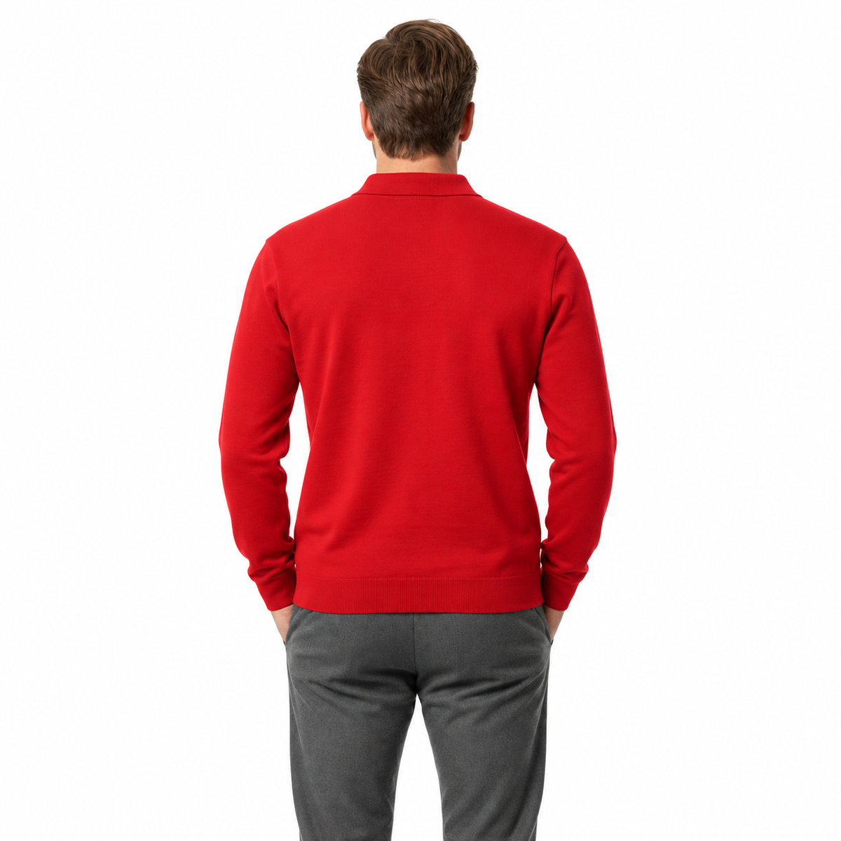 Polo homme 100% laine mérinos à manches longues et col boutonné coupe décontractée