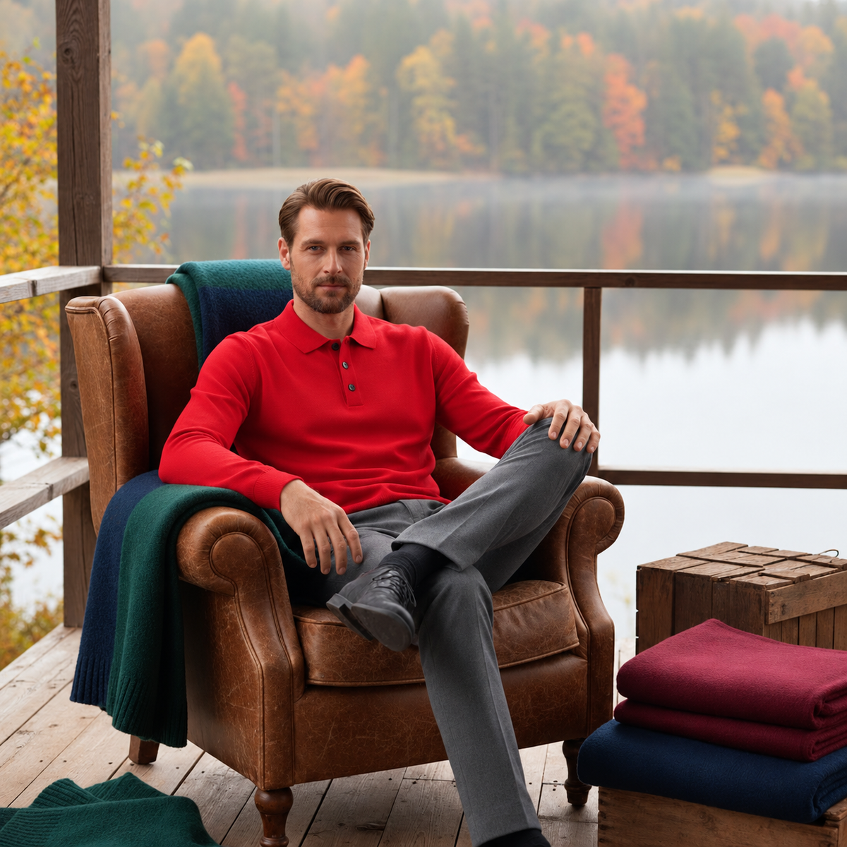 Polo homme 100% laine mérinos à manches longues et col boutonné coupe décontractée