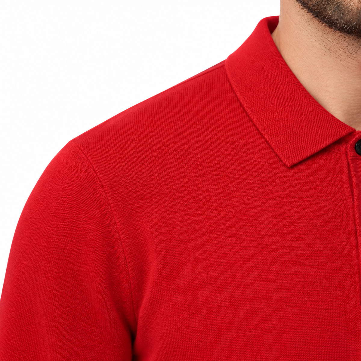 Polo homme 100% laine mérinos à manches longues et col boutonné coupe décontractée
