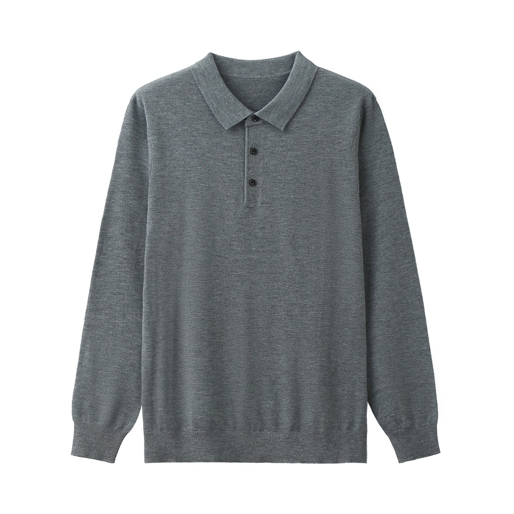 Polo homme 100% laine mérinos à manches longues et col boutonné coupe décontractée