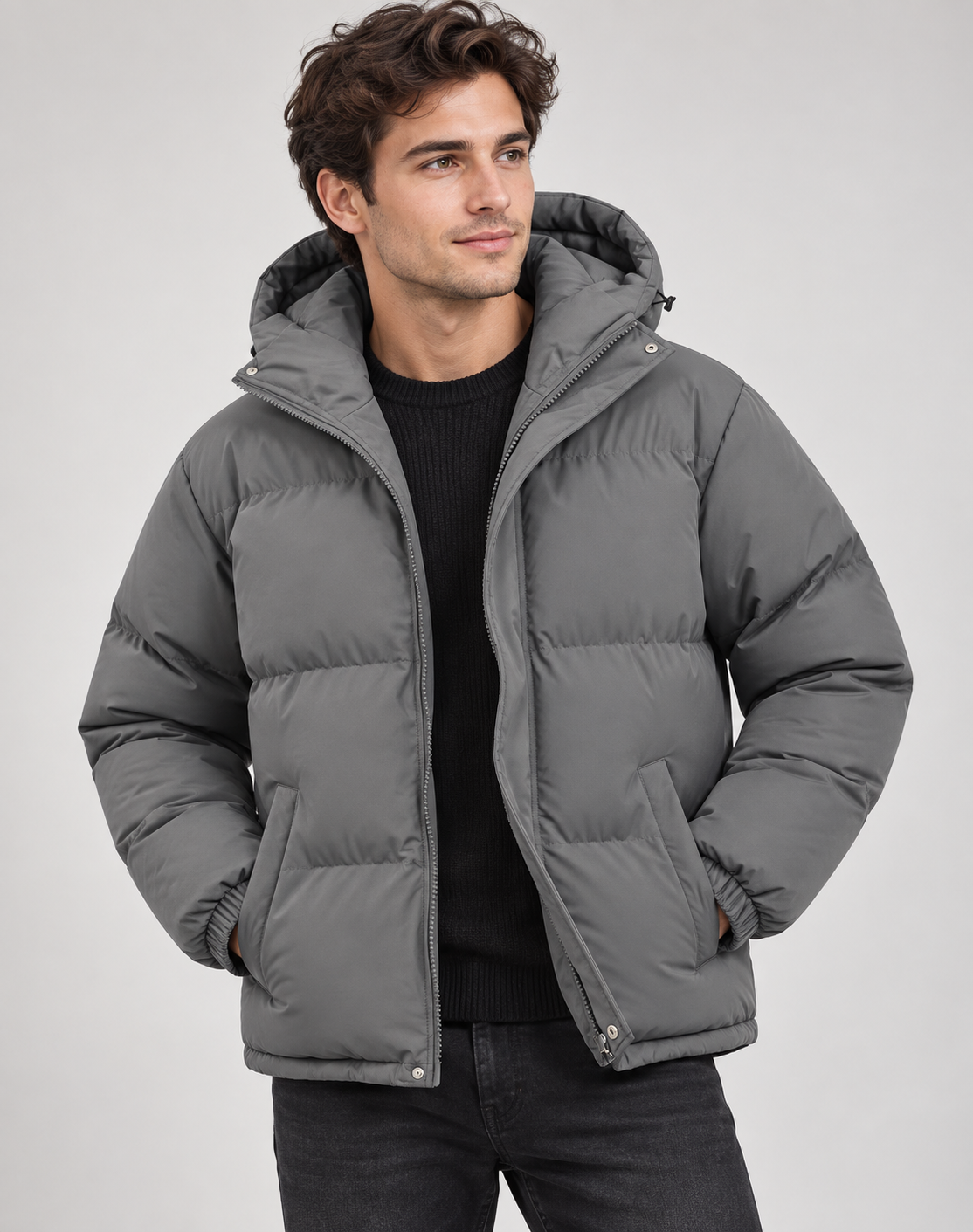 Men’s Quilted Puffer Jacket - Soft Hood and Elastic Cuffs, Regular Fit