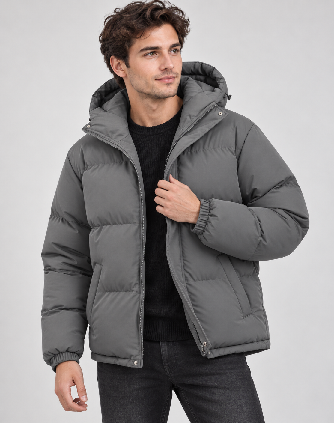Men’s Quilted Puffer Jacket - Soft Hood and Elastic Cuffs, Regular Fit