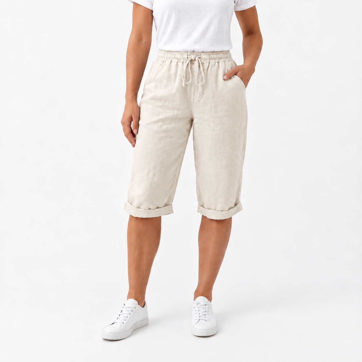 Short de algodón y lino con cintura elástica y bolsillos para mujer