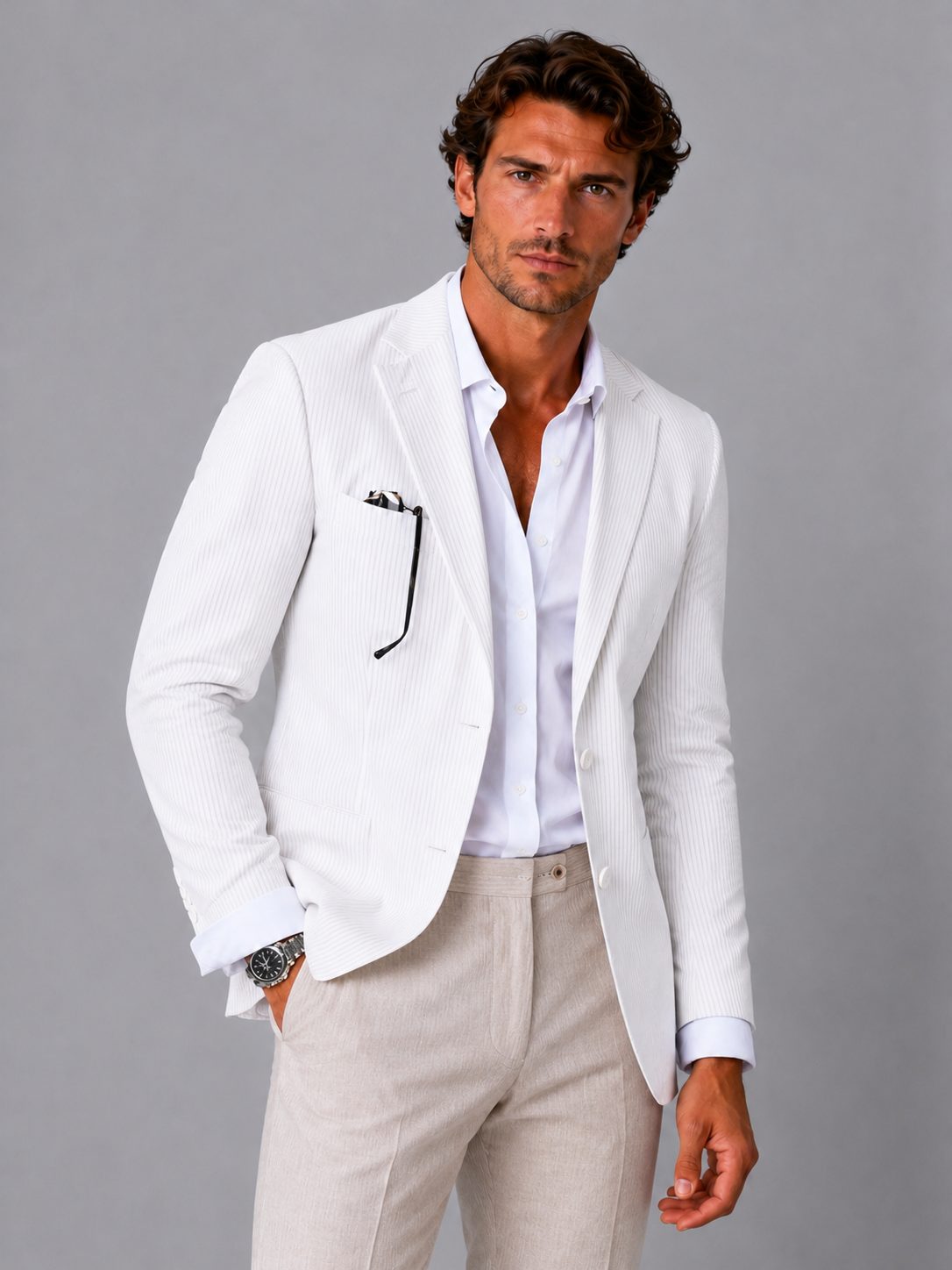 Blazer da uomo in seersucker – righe, rever dentellato, vestibilità casual