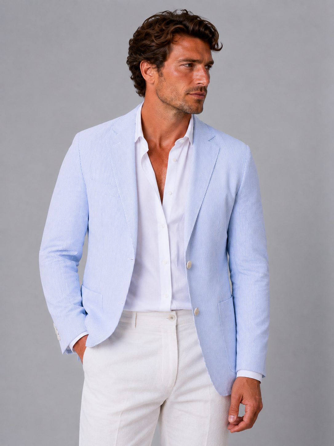 Blazer da uomo in seersucker – righe, rever dentellato, vestibilità casual