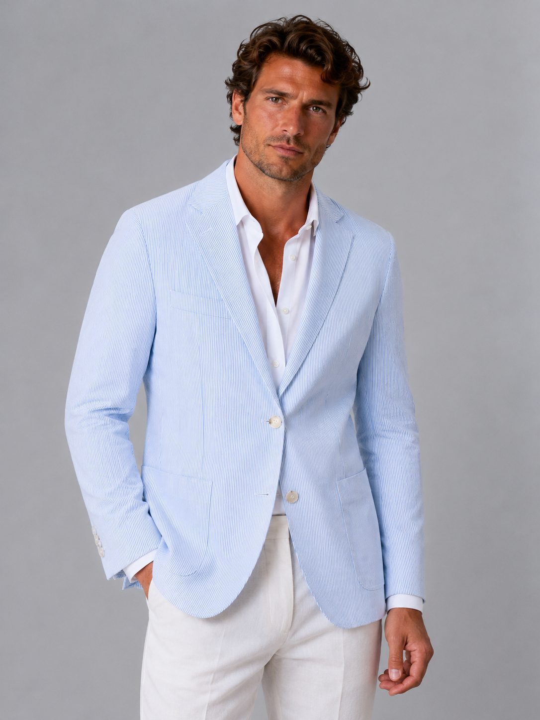 Blazer da uomo in seersucker – righe, rever dentellato, vestibilità casual