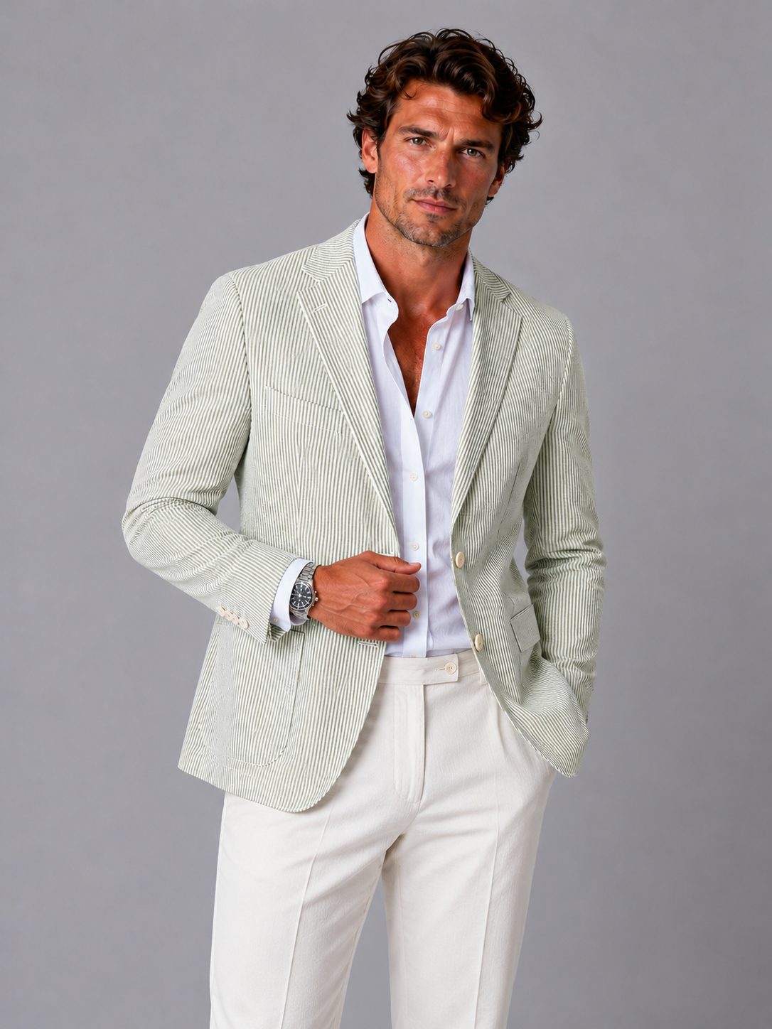 Blazer da uomo in seersucker – righe, rever dentellato, vestibilità casual