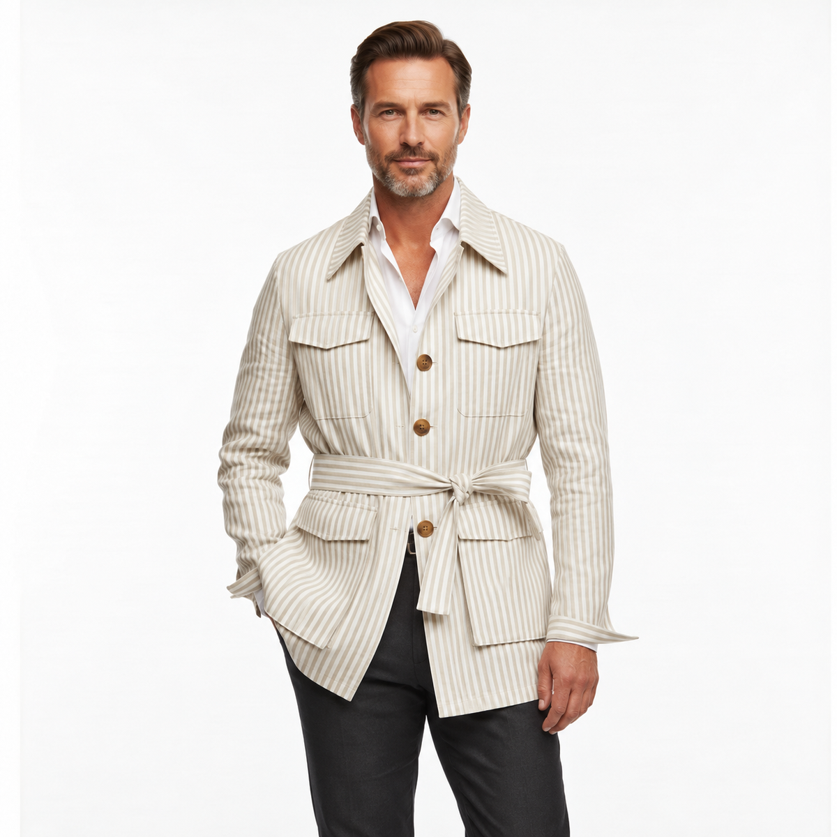 Veste Saharienne Homme Rayée – Coupe Élégante avec Ceinture